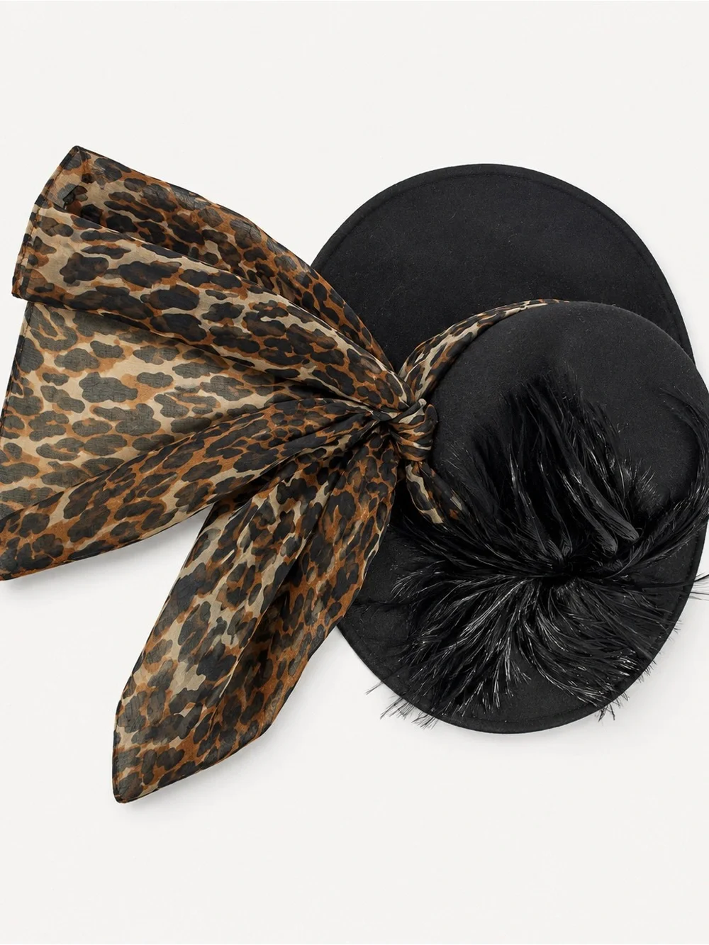 Vintage Mr Charles Michael Howard Black Wool Feather Wide Brim Hat Leopard scarf